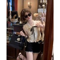 Áo Kiểu Thun Nữ Không Tay Cổ Bèo Viền Sóng Đính Nơ Buộc Dáng Lửng SAN Clothings - P65