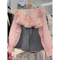 Áo Kiểu Tiểu thư cổ V thắt dây nơ nhún bèo vai phong cách VINTAGE tay dài