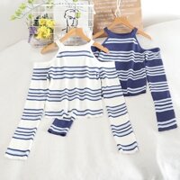 Áo kiểu trễ vai dáng croptop chất len dệt kim kẻ sọc cá tính