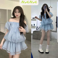 Áo kiểu trễ vai đính nơ vải tơ, babydoll hở vai nữ tay phồng rộng dễ thương, bẹt vai đi chơi du lịch