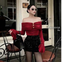 Áo kiểu trễ vai đính tag tay dài loe siêu thời trang