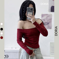 Áo kiểu trễ vai nữ DORIA tay dài dáng ngắn phong cách slay cá tính chất thun zip co giãn Aotrevai143_P5K5