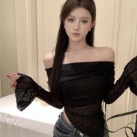 Áo Kiểu Trễ Vai Tay Loe Dài Phối Dây Rút Thời Trang Mùa Thu Cho Nữ