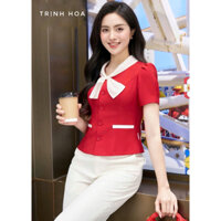 Áo ký giả cổ nơ đẹp sang chảnh 2 màu đỏ và trắng, áo công sở nữ mặc buông