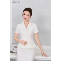 Áo ký giả công sở nữ LALULILL cổ sam quấn hoa chất liệu tuýt xi co giãn màu trắng LKG2430601