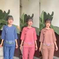 Áo lam đi chùa viền cổ tròn bông thêu - Hồng đậm,Size 6 65 den 70kg