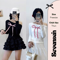 Áo lệch vai đính nơ dài tay ôm dáng áo trễ vai Sevensen