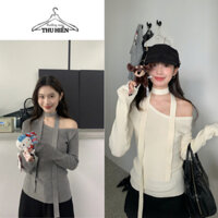 Áo lệch vai kèm khăn chocker dài tay, áo kiểu ôm body trễ vai sang chảnh xuongmaythuhien