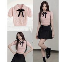 Áo Len, Áo Len Nữ Dáng Croptop Phối Nơ Ngực Cổ Bẻ Chất Len Dệt Màu Hồng Siêu Cute Hàng QCCC MS 22