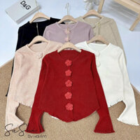 Áo len cài hoa tay xoè,len khuy hình hoa tiểu thư A352