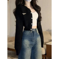 Áo Len Cao Cấp Màu Đen Áo Cardigan Dệt Kim Bộ Hai Chiếc Áo Khoác Ba Lỗ Phối Bên Trong Mẫu Mới Mùa Thu Cho Nữ