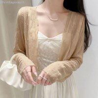 Áo len Cardigan buộc dây VINTAGEVAULT, Áo len hoa xuyên thấu lưới, Váy đi biển ngọt ngào Hàn Quốc chống nắng Áo du lịch