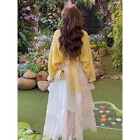 Áo Len Cardigan Cổ Chữ V Áo Khoác Nữ Mùa Xuân vàng nhạt