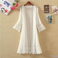 Áo len Cardigan dài nữ dáng rộng xuyên thấu chắp vá ren tay áo chống nắng