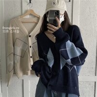 Áo len cardigan dày dặn, áo khoác cardigan len ấm họa tiết kẻ thoi ulzzang Hàn Quốc - AL09