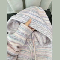 Áo len Cardigan dệt kim sọc cầu vồng phong cách lười biếng Áo khoác có mũ trùm đầu dành cho nữ