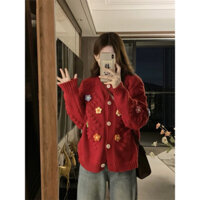 Áo len cardigan (đỏ- trắng) đính  thêm hoa
