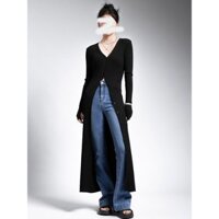 Áo len Cardigan lụa băng cổ chữ V màu đen cao cấp dành cho nữ Váy dài vừa phải bên ngoài mỏng-