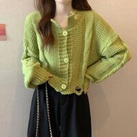 Áo len Cardigan ngắn màu xanh lá cây cho nữ mùa xuân thu dáng rộng sợi dày dài tay dệt kim Cardigan