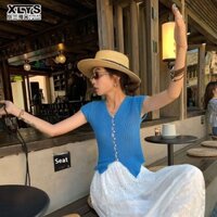 Áo len Cardigan ngắn tay có khóa ngọc trai dành cho nữ