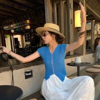 Áo len Cardigan ngắn tay có khóa ngọc trai dành cho nữ