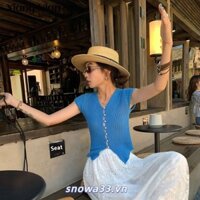 Áo len Cardigan ngắn tay có khóa ngọc trai dành cho nữ