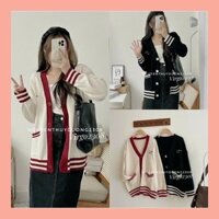 Áo len Cardigan nữ cổ V họa tiết kẻ viền thêu chữ nổi form dài dáng rộng Oversize phong cách Hàn Quốc .