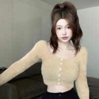 Áo len Cardigan nữ Hàn Quốc Crop Top màu trơn cổ vuông Lint dệt kim dài tay hàng đầu