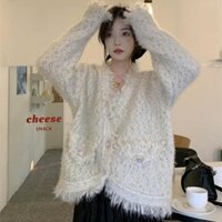 Áo len cardigan nữ hàn quốc khoác ngoài cổ V viền tua rua hàng qc dày dặn
