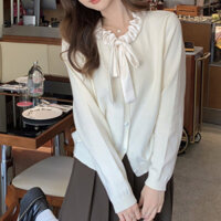 Áo len cardigan nữ tay dài dáng ngắn, áo khoác len dài tay thiết kế cổ nhún bèo ngọt ngào 9438