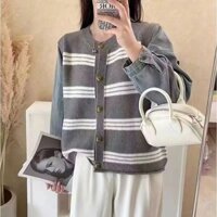 Áo len Cardigan sọc không tay cổ tròn mùa thu đông