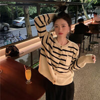 Áo len Cardigan sọc ngắn đơn Jiashuchen Áo len dệt kim màu be