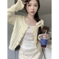 Áo Len Cardigan Thêu Hoa Cúc Màu Vàng Kem Phong Cách Hàn Quốc Áo Dệt Kim Dáng Ngắn Dáng Nhỏ Phong Cách Dịu Dàng Mẫu Mới