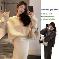 Áo len chui đầu cổ tròn xẻ lưng hai mảnh phong cách nữ + váy xẻ bên