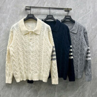 Áo len cổ bẻ dài tay nam nữ TB dệt hoạ tiết vặn thừng phối 4 sọc kẻ tay dày dặn cao cấp boy phố AN102P