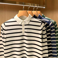 Áo Len Cổ Bẻ dệt kim thoải mái đơn giản Âu Mỹ Áo polo dài tay tôn dáng khâu sọc cổ điển cho nam