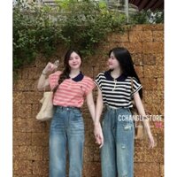 Áo len cổ bẻ sọc ngang tay dơi ngắn bo lai nhẹ xinh xắn