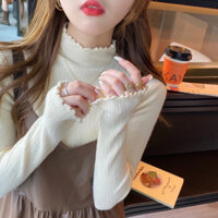 Áo len cổ bèo áo kiểu cổ lọ giữ nhiệt nữ màu trắng be đen len mềm Quảng Châu loại 1 dài tay phong cách tiểu thư Hàn Quốc