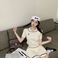 Áo Len Cổ Búp Bê Tay Ngắn Váy Xòe Cạp Cao Phong Cách Sành Điệu Xếp Ly Thể Thao Năng Động