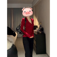 Áo len cổ chữ V màu đỏ Áo len nữ cao cấp Top Slim Fit Áo sơ mi đáy