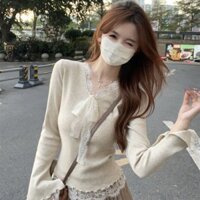 Áo len cổ chữ V phối ren kiểu Pháp tay chuông cho nữ, áo đáy quần siêu đẹp