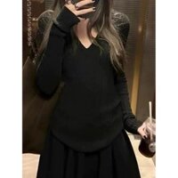 Áo len cổ chữ V sọc trắng Áo len nữ thu đông phong cách mới co giãn mỏng-