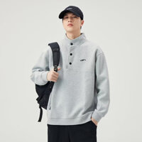 Áo len cổ đứng nửa cardigan nặng 420G nam xuân thu dáng rộng Áo khoác chui đầu thêu Mỹ dài tay mặc bên ngoài