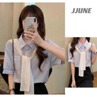 Áo len có khăn choàng mùa hè thời trang nữ áo sơ mi ngắn tay sọc