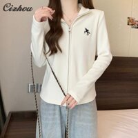 Áo len có khóa kéo dài tay thông thường dành cho nữ có chi tiết thêu