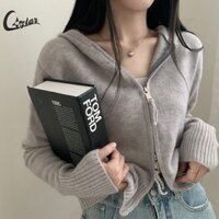 Áo len có mũ trùm đầu có khóa kéo Áo len dệt kim Áo len giảm béo phù hợp cho nữ