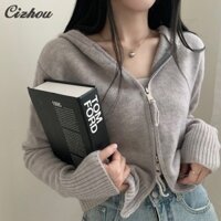 Áo len có mũ trùm đầu có khóa kéo Áo len dệt kim Áo len giảm béo phù hợp cho nữ