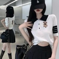 Áo len cổ polo phong cách Preppy Áo thun nữ sọc mùa hè màu tương phản Gấu hoạt hình vai trắng tay ngắn