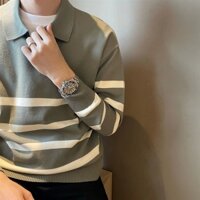 Áo Len Cổ Polo Sọc ngang Phong Cách Hàn Quốc Cho Nam Nữ Vải Dệt Dày Dặn AKI ALN21
