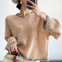 Áo len cổ tròn đính cườm màu xám áo cao cấp mặc bên ngoài dệt kim nhung thu đông cho nữ